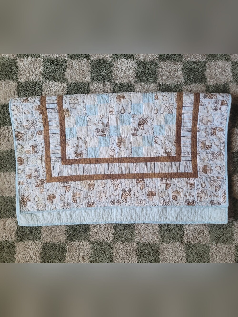 Handmade Plush Baby Quilt in Light Blue and Brown